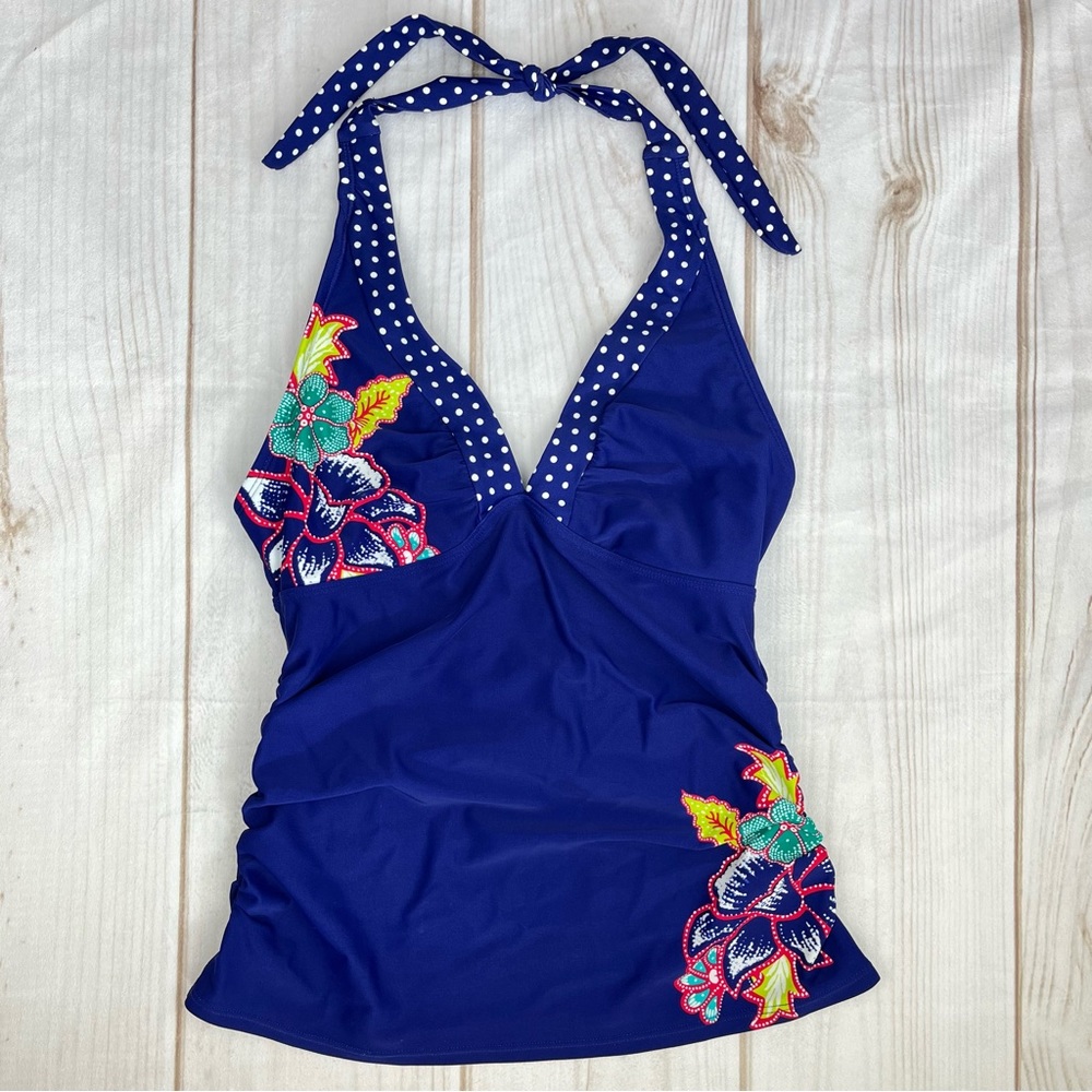 Athleta Shirrendipity Halter Tankini Royal Blue Floral Sz S